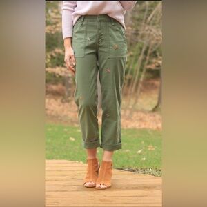 Anthropologie olive green embroidered floral pants size 24P